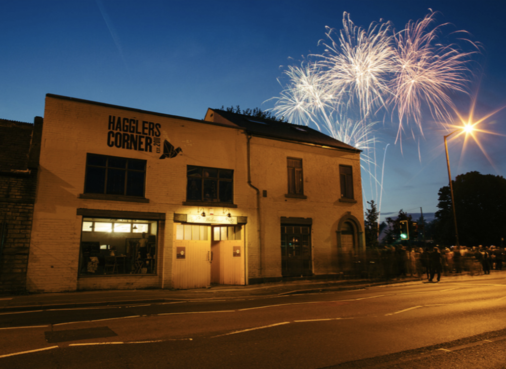 The front of Hagglers Corner at night, Sheffield