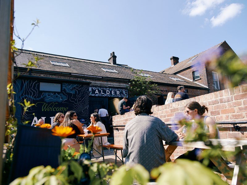 The beer garden and entrance at Alder, Sheffield