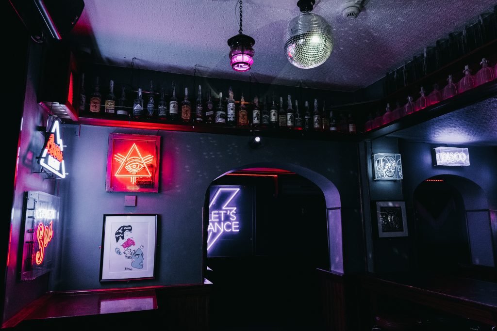 The neon-lit bar corner at The Washington, Sheffield